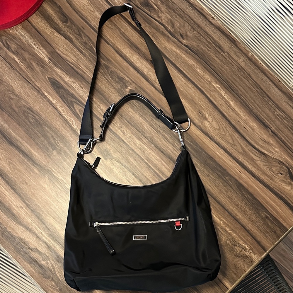 Tumi Black Nylon Hobo Bag with Silver Details